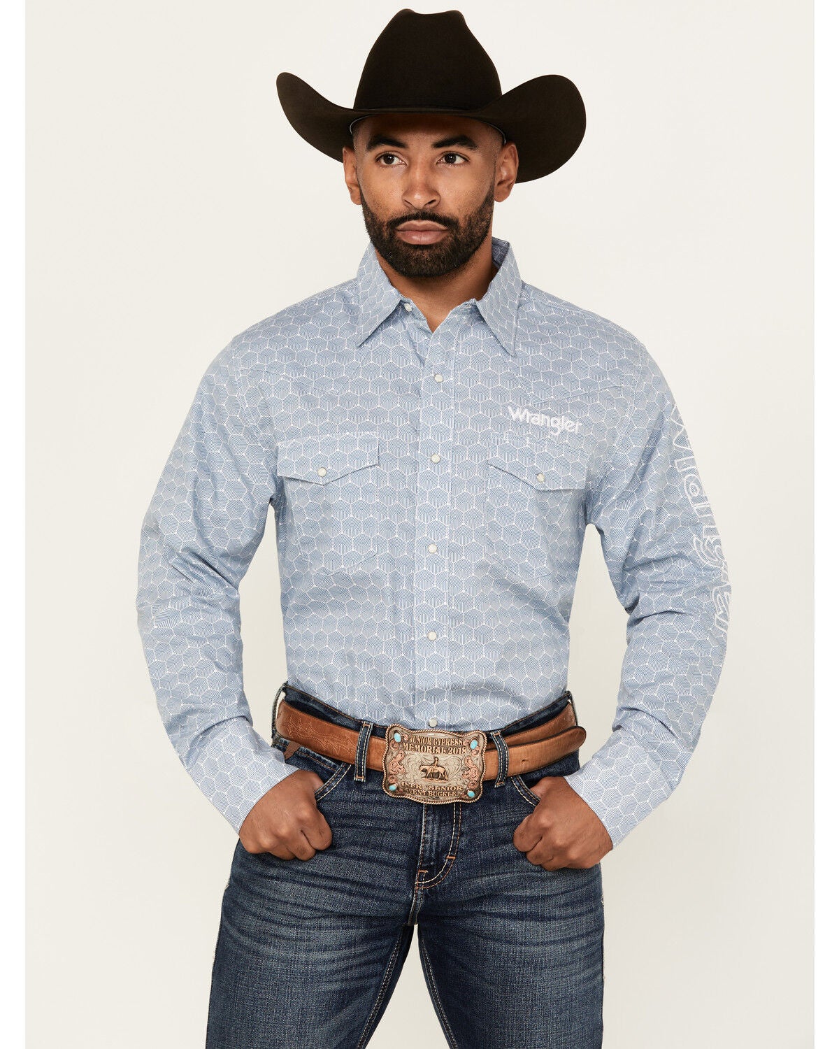 Wrangler Men's Geo Print Logo Long Sleeve Snap Western Shirt - Tall, Blue, hi-res