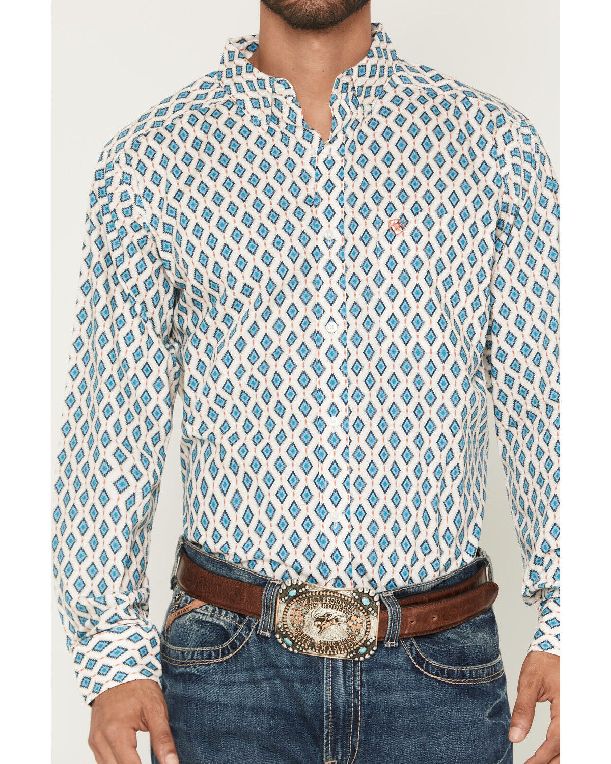 Image #3 - Ariat Men's Jaziel Southwest Diamond Long Sleeve Button-Down Fitted Western Shirt, White, hi-res