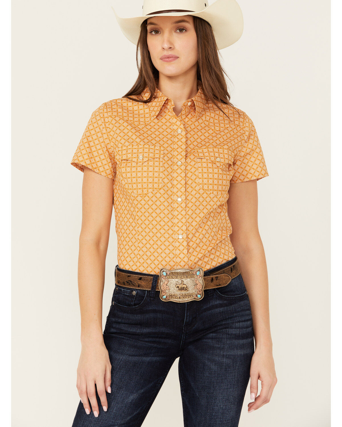 Image #1 - Wrangler Retro Women's Geo Print Short Sleeve Western Shirt, Rust Copper, hi-res