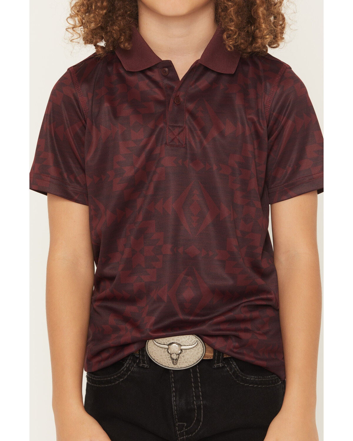 Image #3 - RANK 45&reg; Boys' Tonal Southwestern Print Short Sleeve Button-Down Polo, Burgundy, hi-res