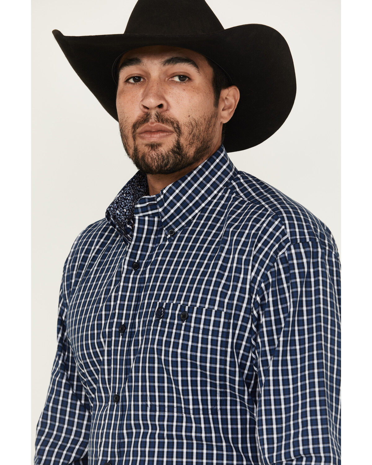 Image #2 - George Strait by Wrangler Men's Plaid Print Long Sleeve Button-Down Stretch Western Shirt - Tall, Blue, hi-res