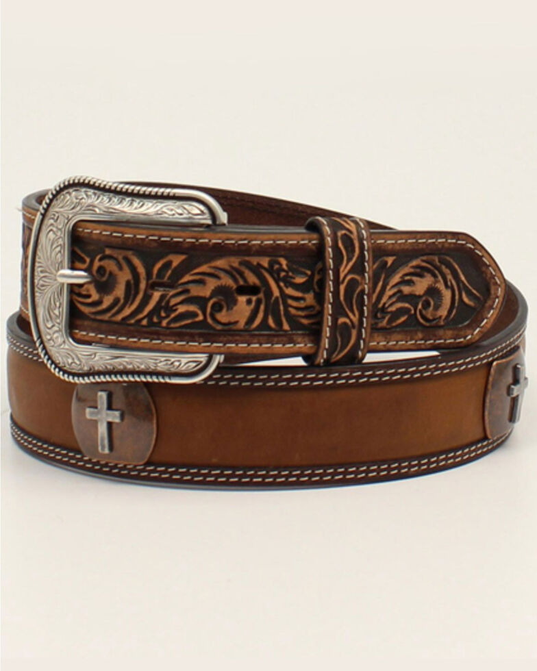 M & F Western Men's Brown Cross Concho Floral Tooled Leather Belt, Brown, hi-res