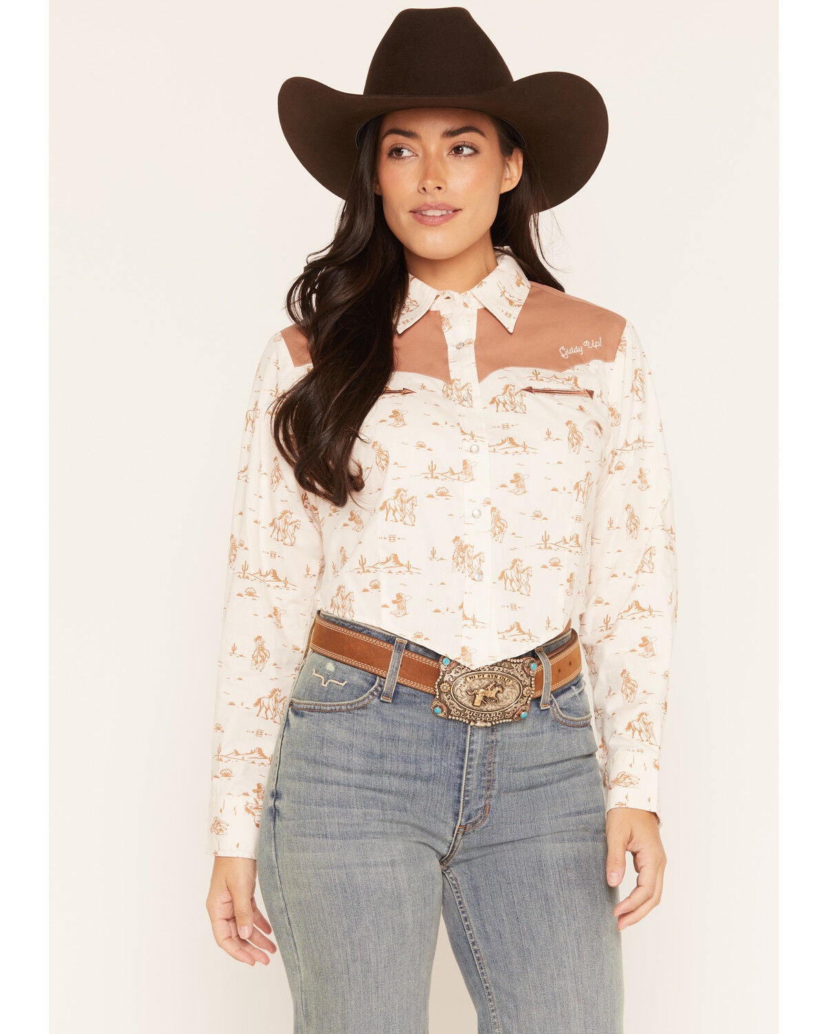Ely Walker Women's Boot Barn Exclusive Western Conversational Print Long Sleeve Pearl Snap Cropped Western Shirt, Ivory, hi-res