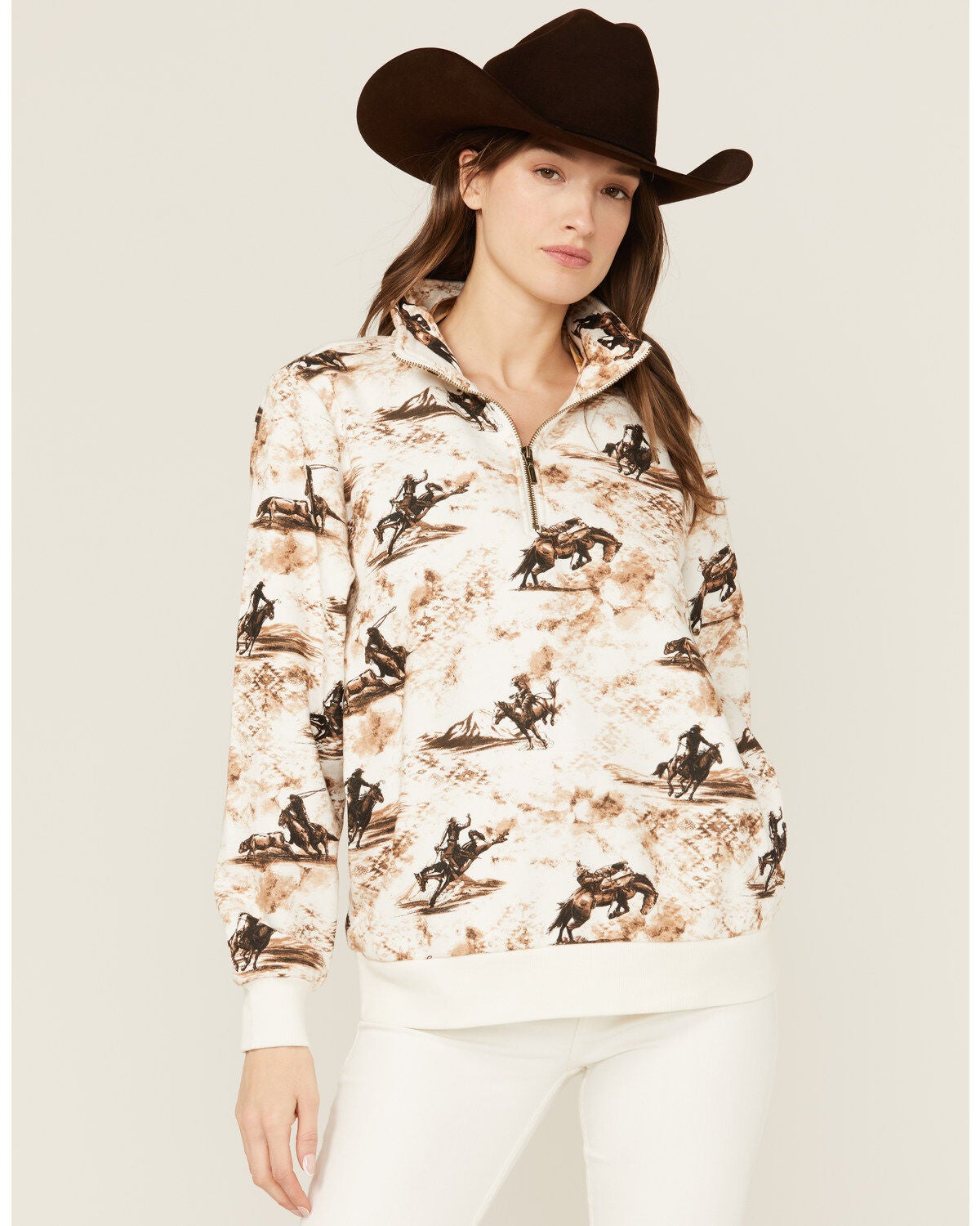 Wrangler Retro Women's Bronco Print 1/2 Zip Pullover, Cream, hi-res