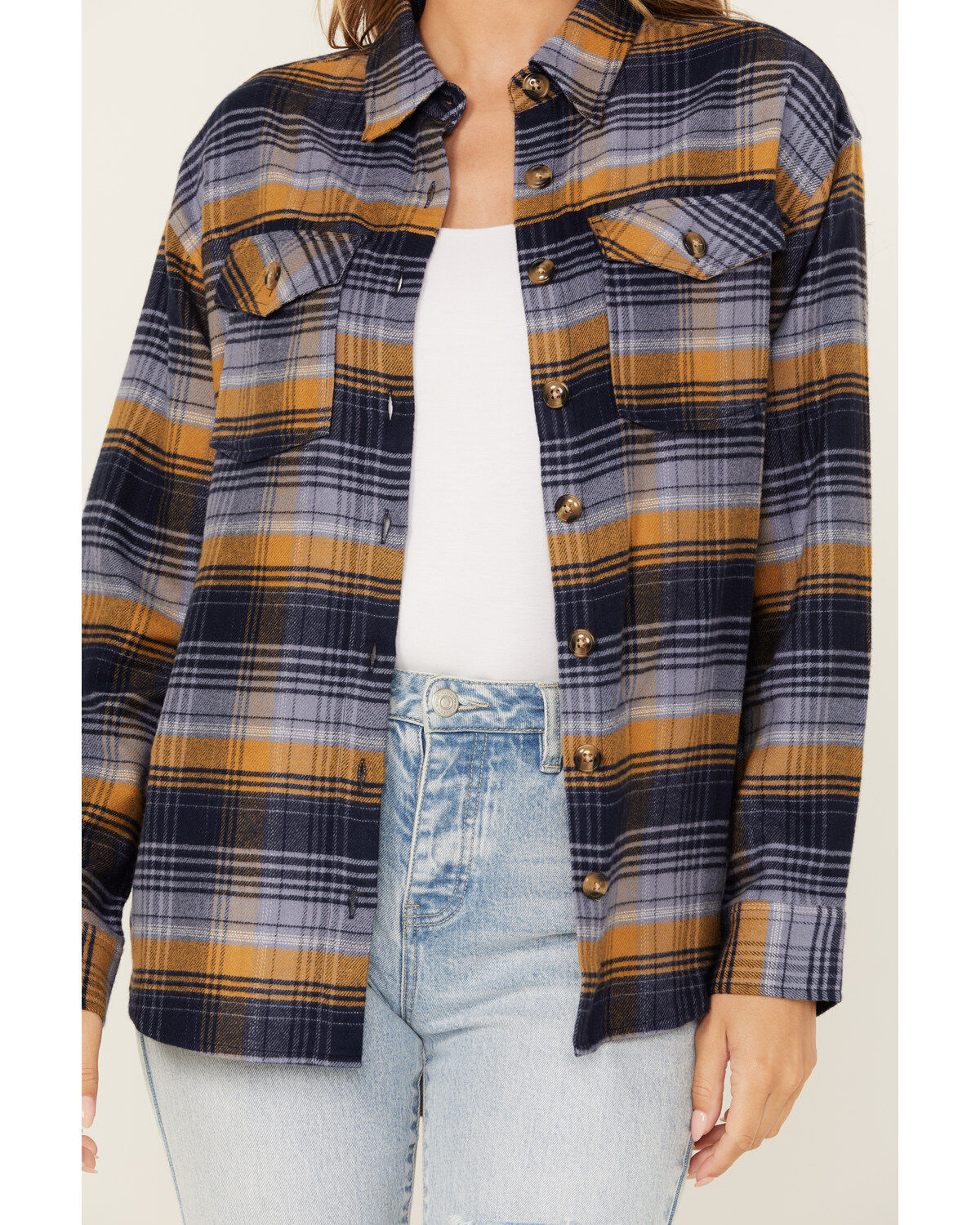 Image #3 - Cleo + Wolf Women's Long Sleeve Button-Down Flannel Boyfriend Shirt, Navy, hi-res