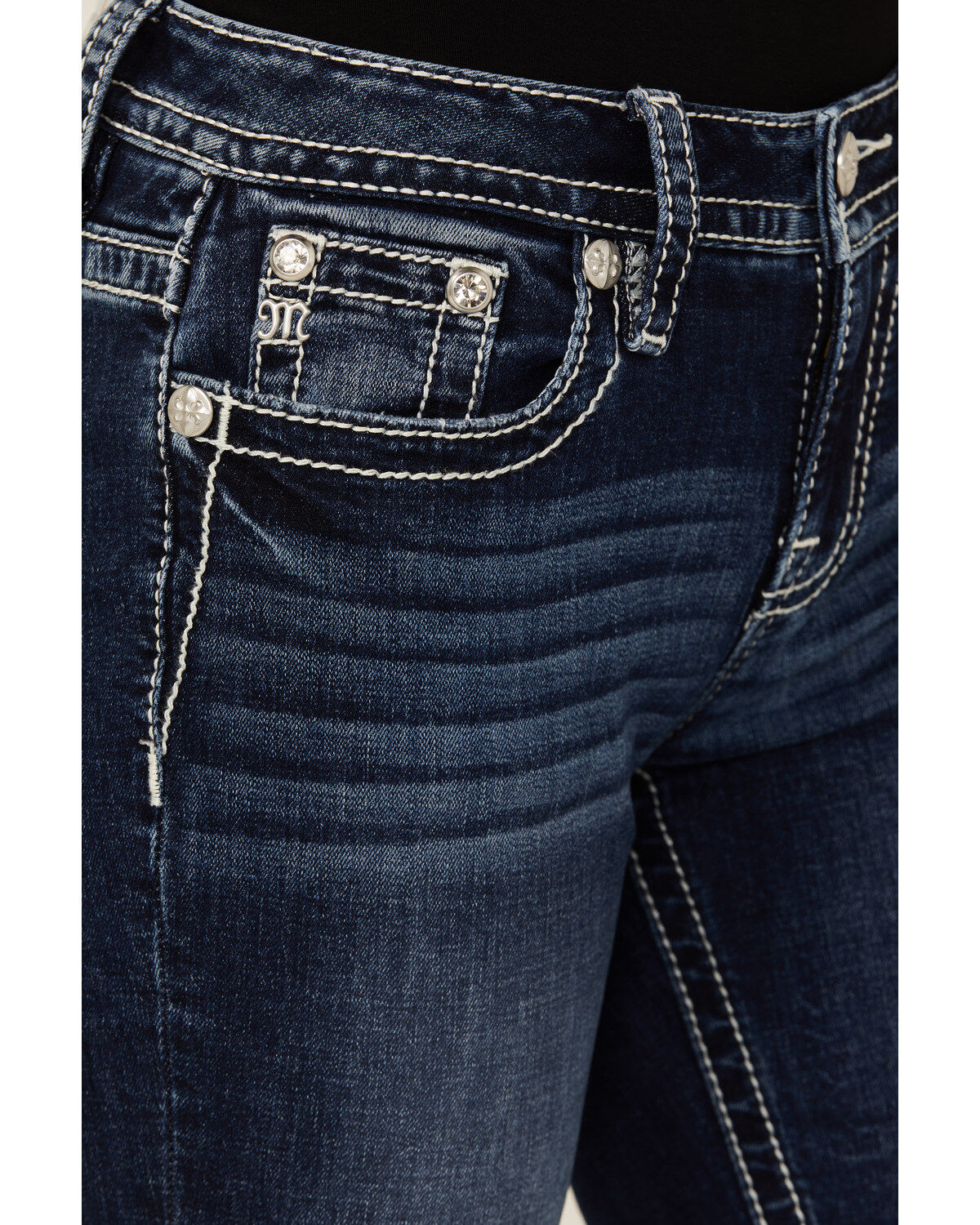 Image #4 - Miss Me Women's Dark Wash Faux Flap Sequin Paisley Pocket Mid Rise Bootcut Stretch Denim Jeans, , hi-res