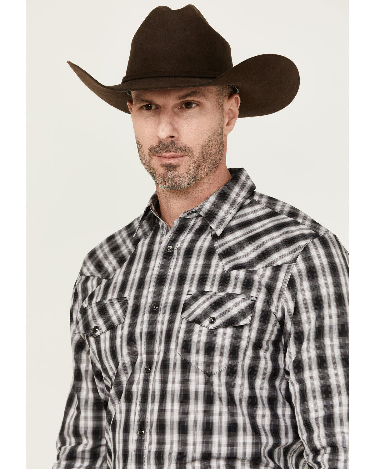 Image #2 - Gibson Men's Black Smoke Plaid Print Long Sleeve Snap Western Shirt, Black, hi-res