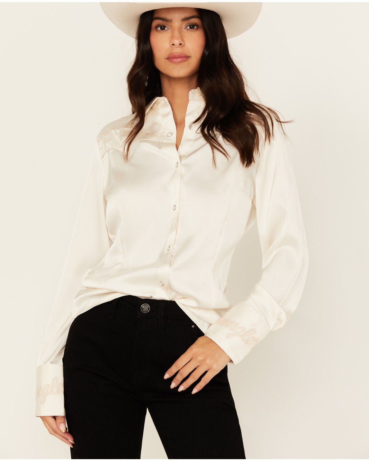 Wrangler Women's Star Embroidered Long Sleeve Snap Western Shirt, White, hi-res