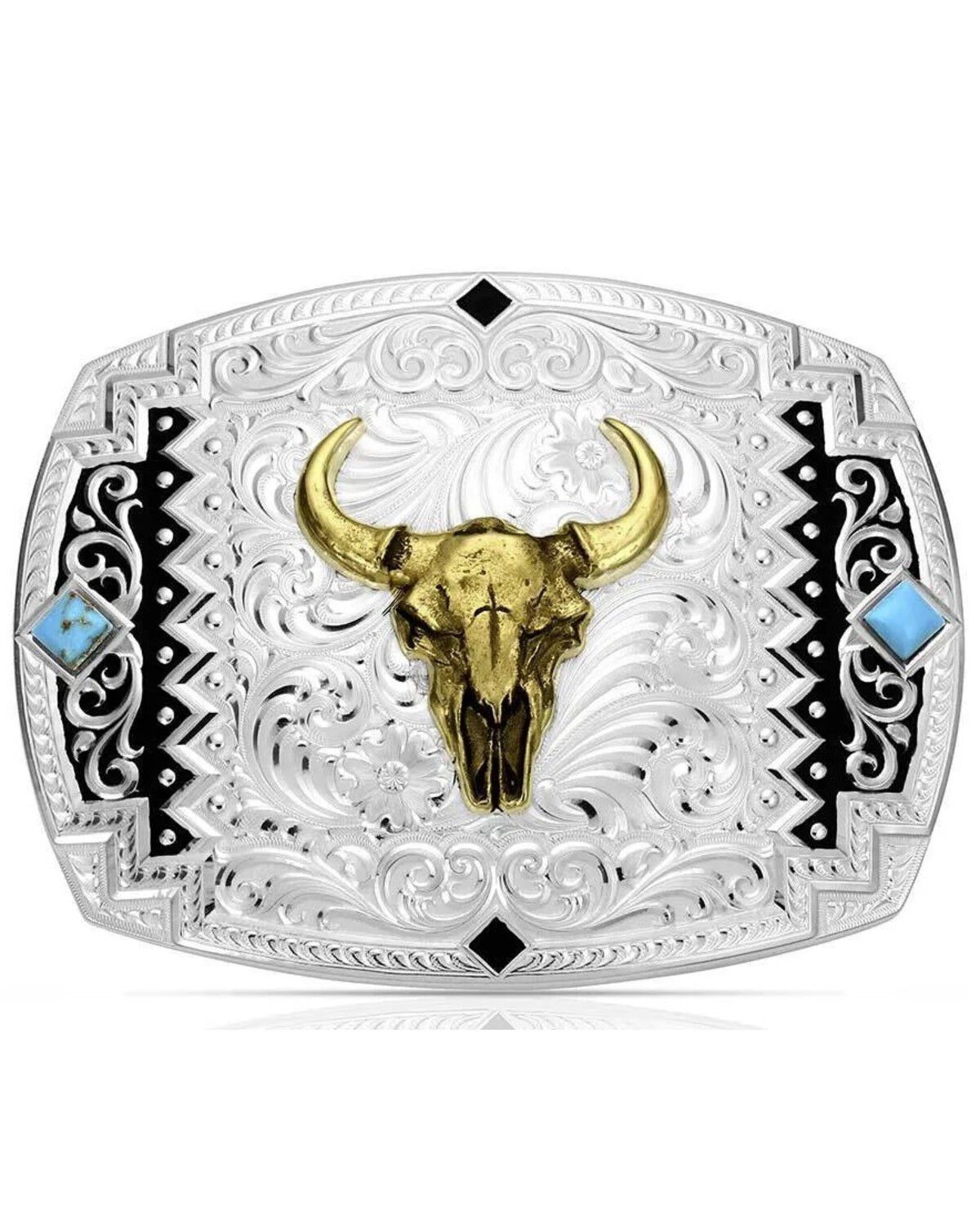 Image #1 - Montana Silversmiths Men's Southwest Scroll Buckle with Buffalo Skull, Silver, hi-res
