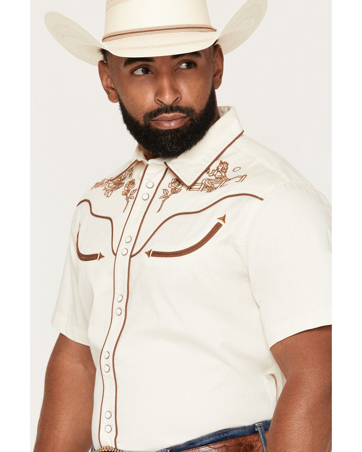 Image #2 - Sendero Provisions Men's Prescott Embroidered Short Sleeve Snap Western Shirt, Off White, hi-res