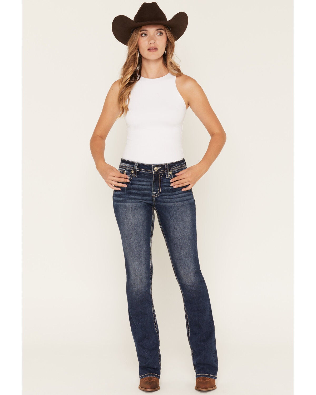 Image #3 - Miss Me Women's Dark Wash Mid Rise Fleur de Lis 32" Bootcut Stretch Denim Jeans, Dark Wash, hi-res