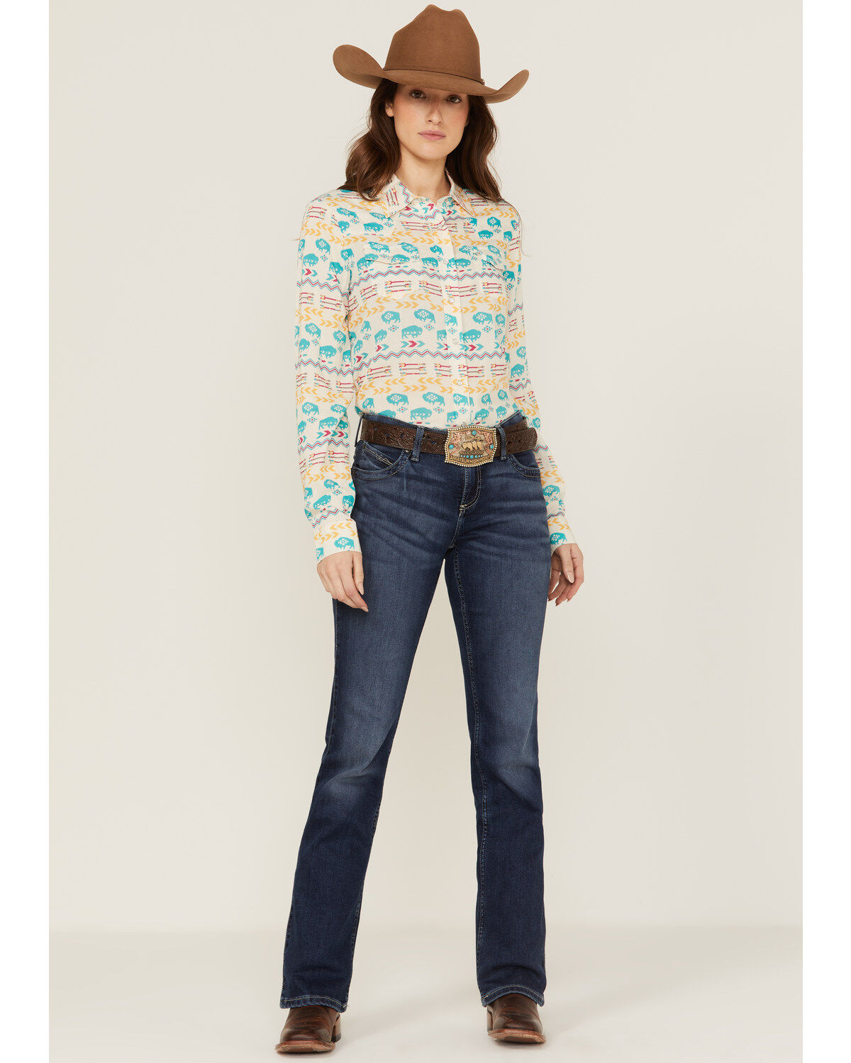 Image #2 - Roper Women's Buffalo Roam Southwestern Print Long Sleeve Pearl Snap Western Shirt, Multi, hi-res