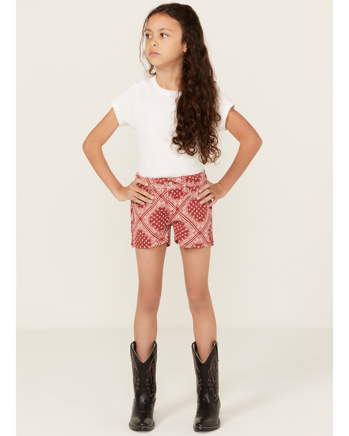 Image #1 - Panhandle Girls' Bandana Print Stretch Denim Shorts, Red, hi-res