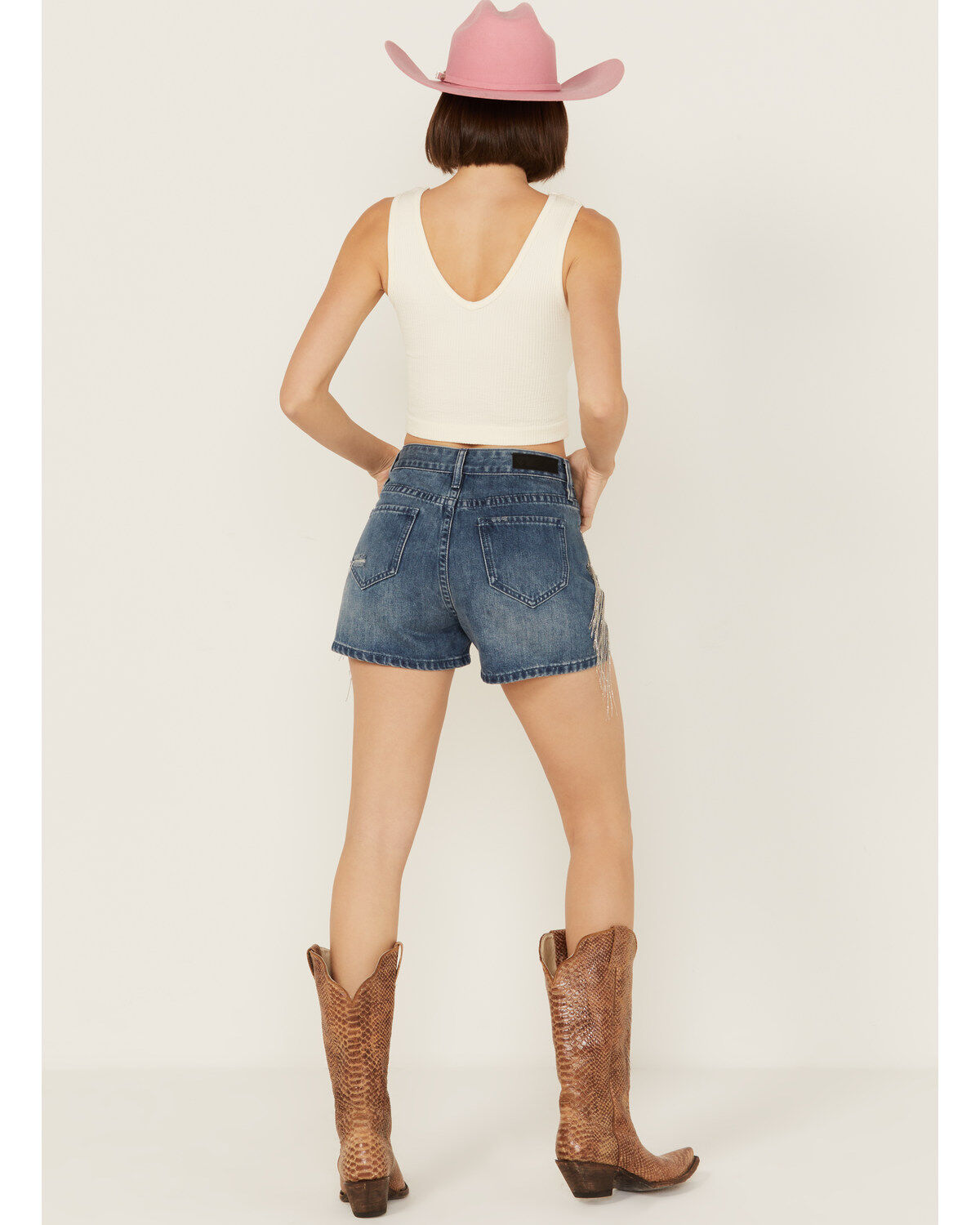 Image #3 - Rock & Roll Denim Women's Medium Wash High Rise Chain Fringe Denim Shorts, , hi-res