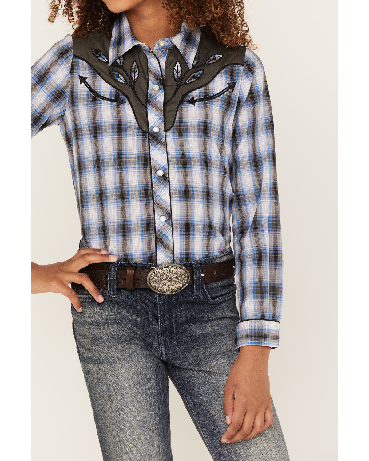 Image #3 - Roper Girls' Plaid Print Embroidered Yoke Long Sleeve Pearl Snap Western Shirt, Blue, hi-res