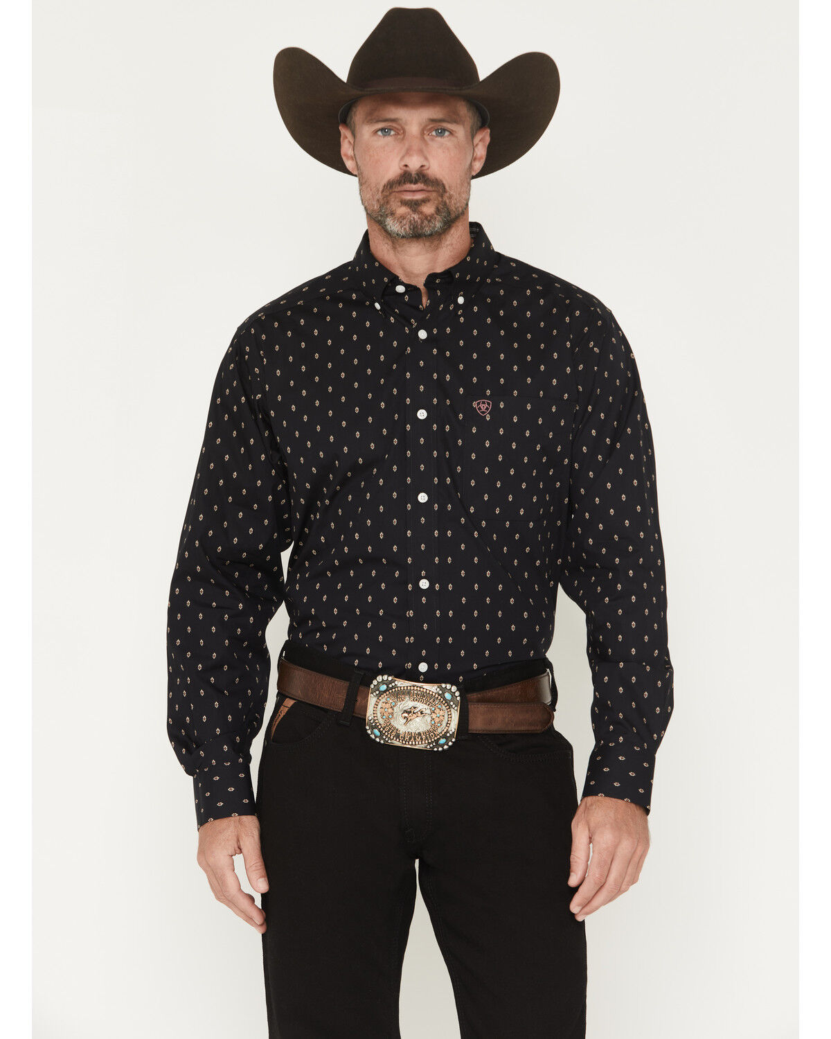 Image #1 - Ariat Men's Wrinkle Free Asher Geo Print Long Sleeve Button-Down Western Shirt - Tall, Black, hi-res