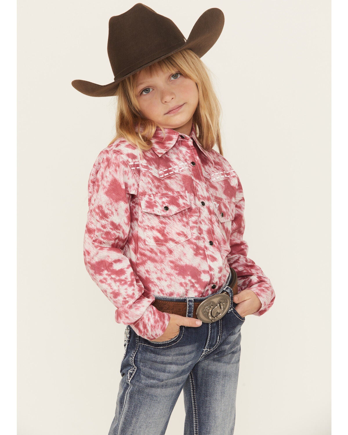 Cowgirl Hardware Girls' Cowhide Print Long Sleeve Snap Stretch Western Shirt, Pink, hi-res