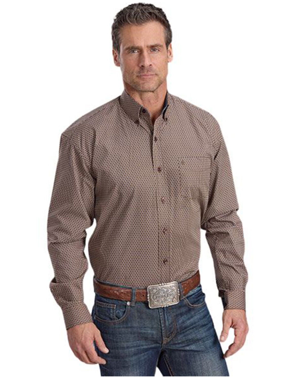 Stetson Men's Geo Print Long Sleeve Button-Down Western Shirt, Brown, hi-res