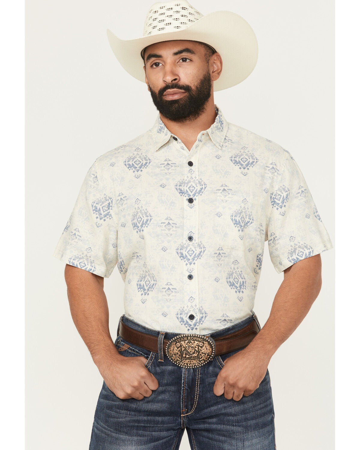 Pendleton Men's Dawson Linen Medallion Print Short Sleeve Button-Down Western Shirt, Oatmeal, hi-res