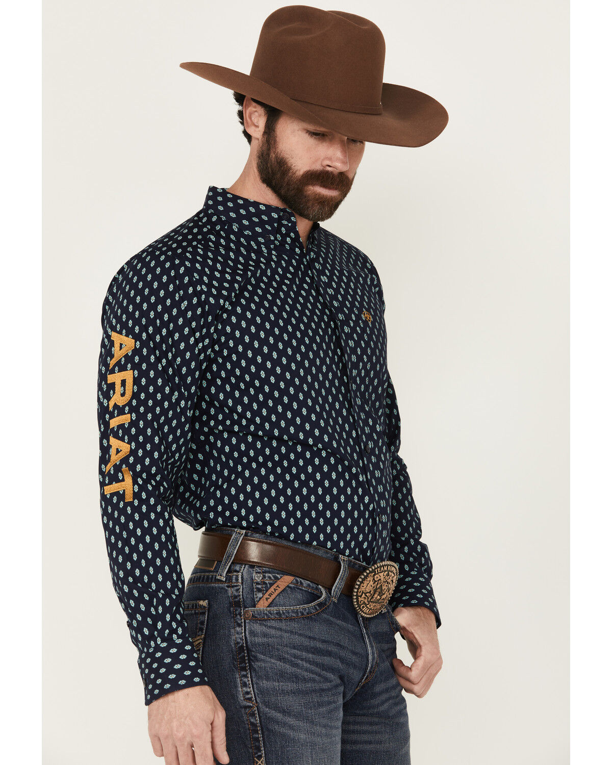Image #1 - Ariat Men's Team Powell Printed Long Sleeve Button-Down Western Shirt, Navy, hi-res