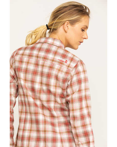 Image #5 - Ariat Women's Boot Barn Exclusive FR Victoria Plaid Print Long Sleeve Work Shirt , Orange, hi-res