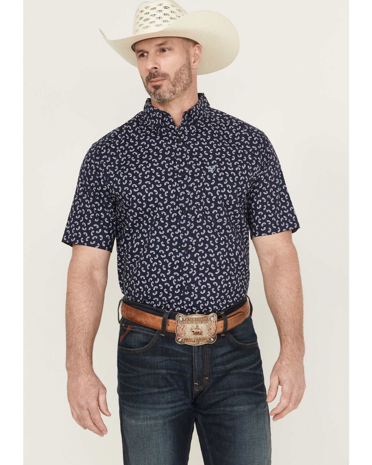 Ariat Men's Cian Paisley Print Short Sleeve Button-Down Western Shirt, Navy, hi-res