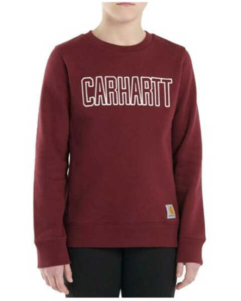 Carhartt Little Girls' Long Sleeve Carhartt Logo Crew Neck Sweatshirt, Wine, hi-res