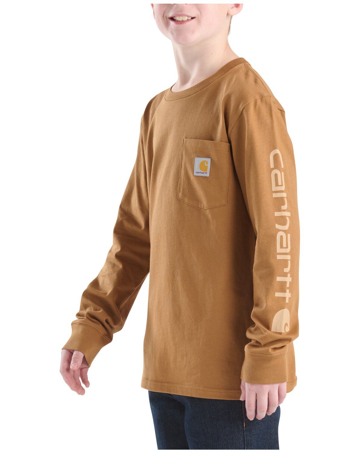 Image #1 - Carhartt Boys' Logo Long Sleeve Graphic Pocket T-Shirt, Brown, hi-res