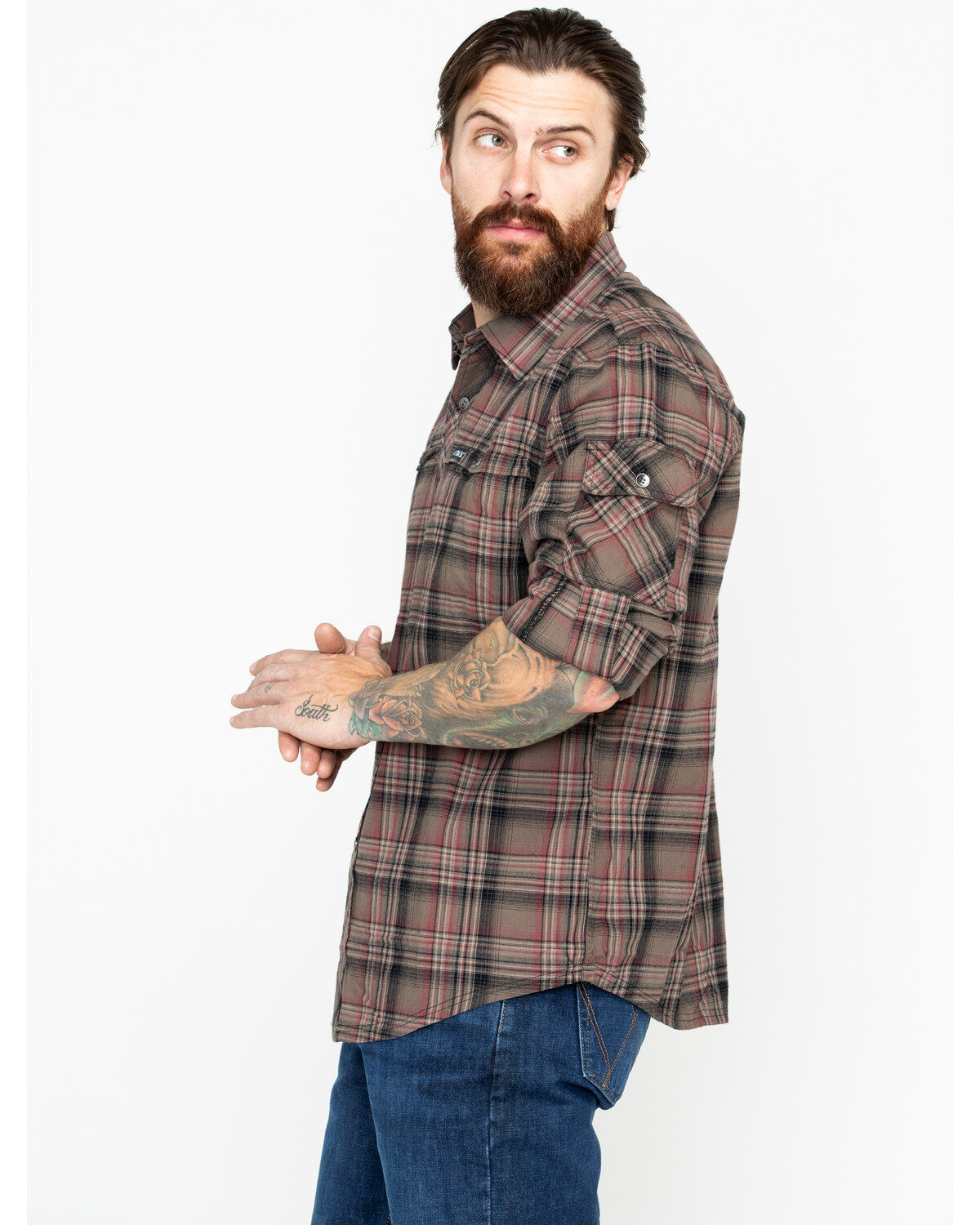 Image #4 - Outback Trading Co. Men's Plaid Print Laramie Perf. Long Sleeve Western Shirt, Olive, hi-res