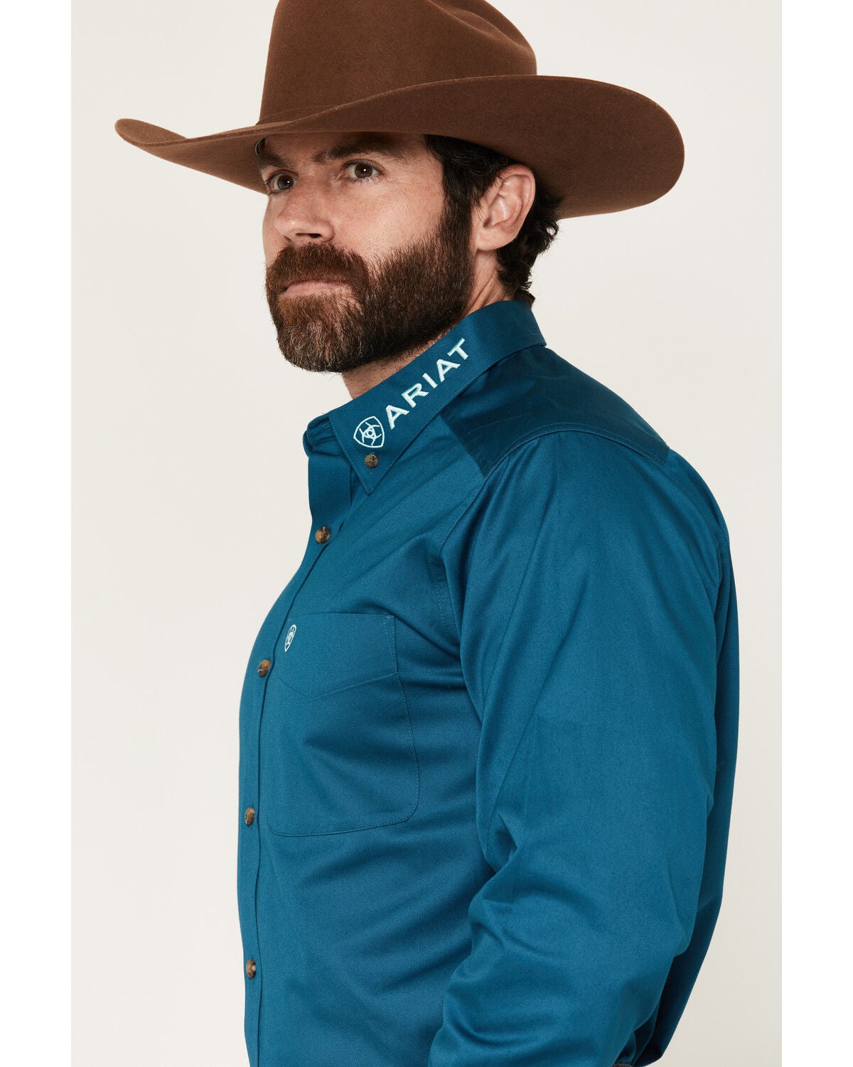 Image #2 - Ariat Men's Team Logo Solid Long Sleeve Button-Down Western Shirt, Teal, hi-res
