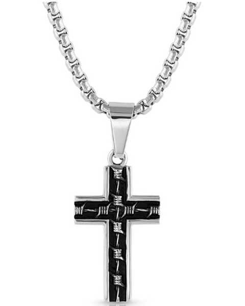 Montana Silversmiths Men's Barbed Wire Cross Necklace, Silver, hi-res