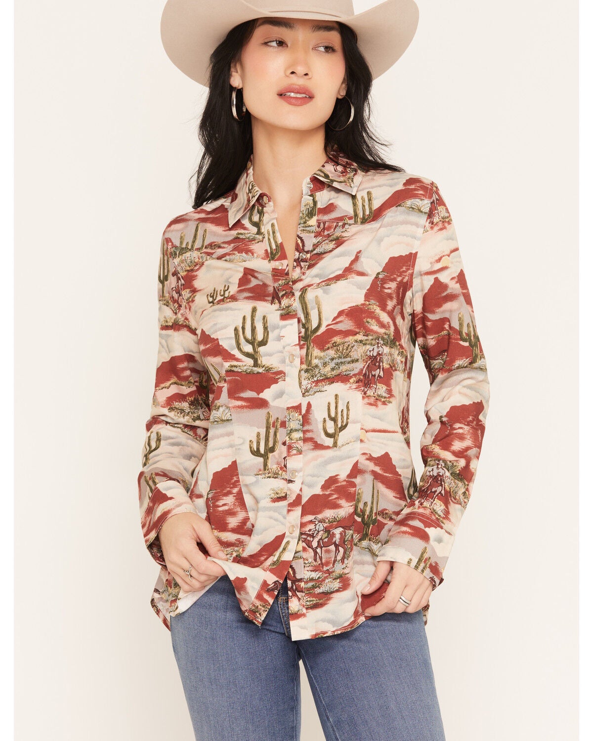 Lovlei Ranch Women's Cheyenne Desert Dream Long Sleeve Pearl Snap Western Shirt, Red, hi-res