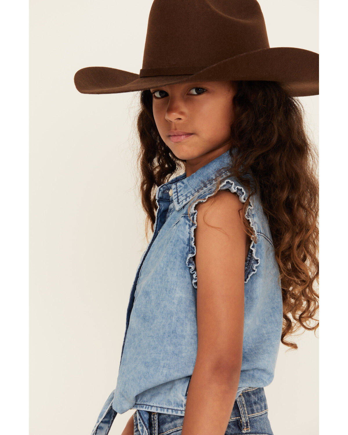 Image #2 - Wrangler Girls' Tie Front Sleeveless Pearl Snap Denim Shirt, Blue, hi-res