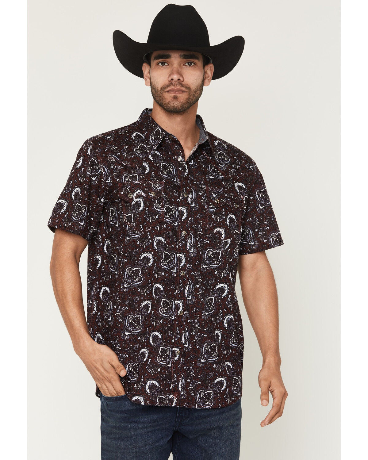 Moonshine Spirit&reg; Men's Purple Haze Paisley Print Short Sleeve Snap Western Shirt, Purple, hi-res