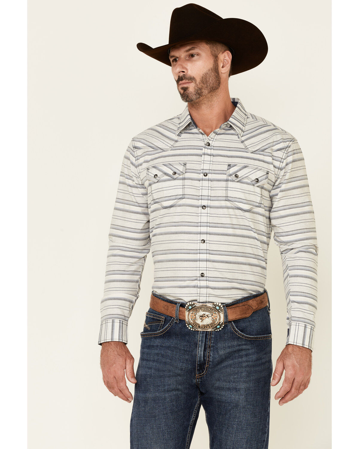 Image #1 - Moonshine Spirit Men's Line Dance Horizontal Stripe Long Sleeve Snap Western Shirt, Grey, hi-res