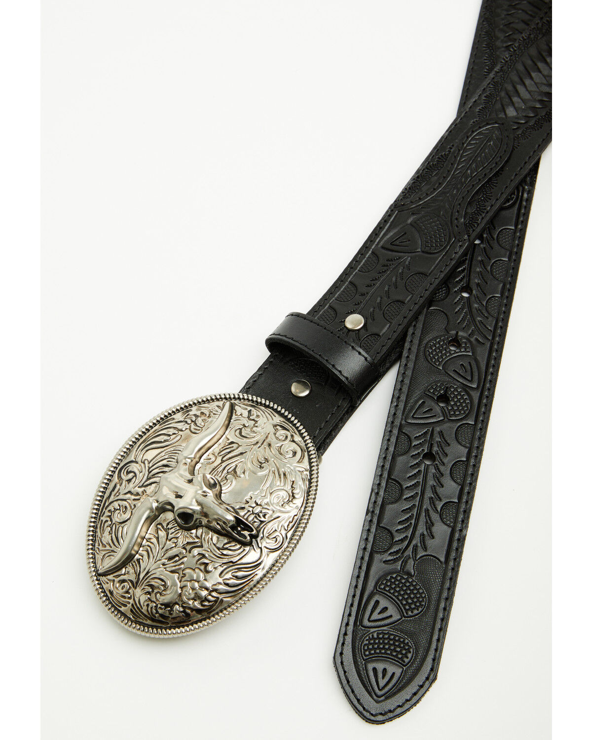 Image #2 - Idyllwind Women's Denver Embossed Leather Steer Head Buckle Belt, Black, hi-res