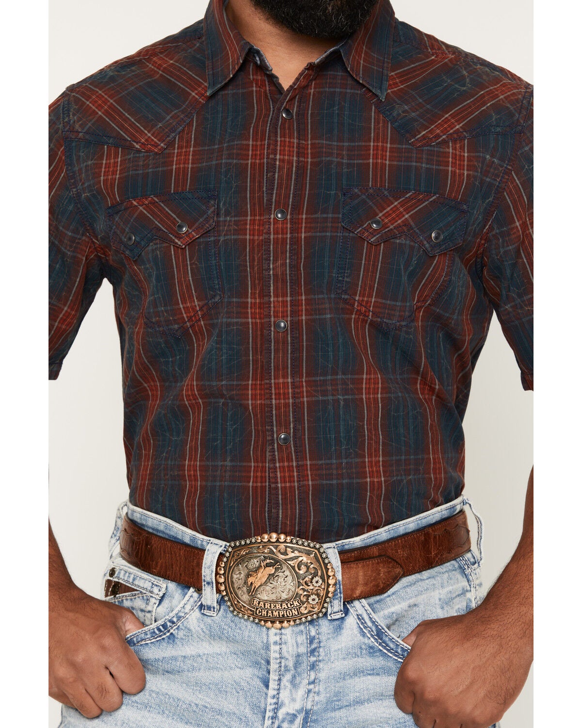 Image #3 - Cody James Men's Pool Shark Plaid Print Crackle Short Sleeve Snap Western Shirt, Navy, hi-res