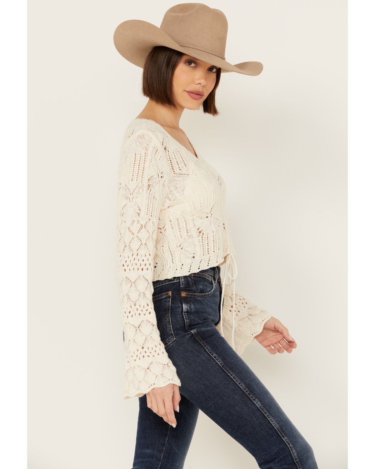 Product Name: Shyanne Women's Bell Sleeve Cropped Crochet Sweater