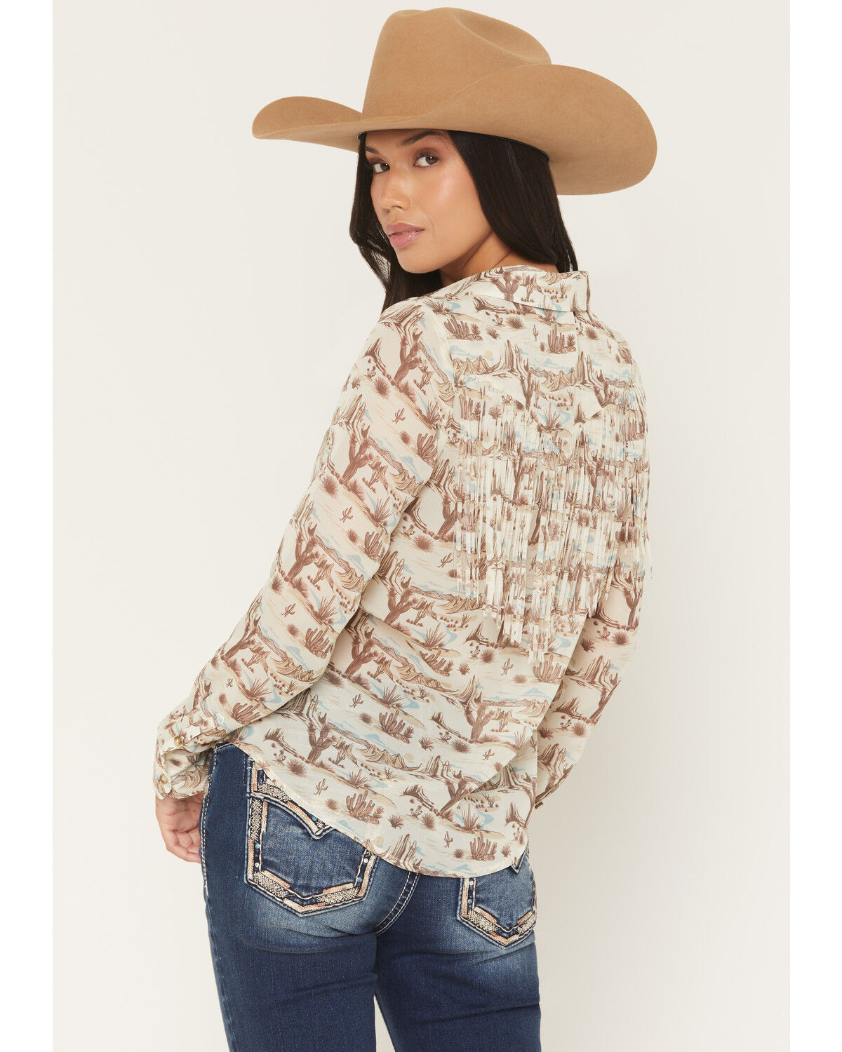 Image #4 - Shyanne Women's Mckean Desert Print Long Sleeve Fringe Button-Down Chiffon Western Shirt, Cream, hi-res