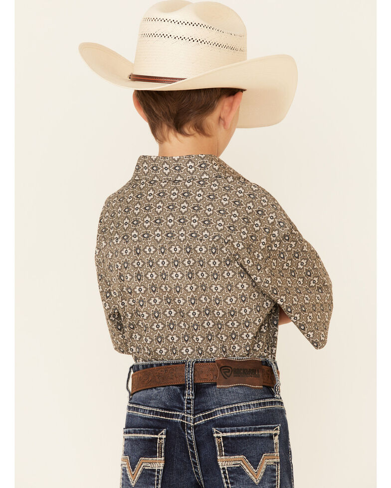 Panhandle Boys' Taupe Southwestern Print Short Sleeve Snap Western Shirt , Tan, hi-res