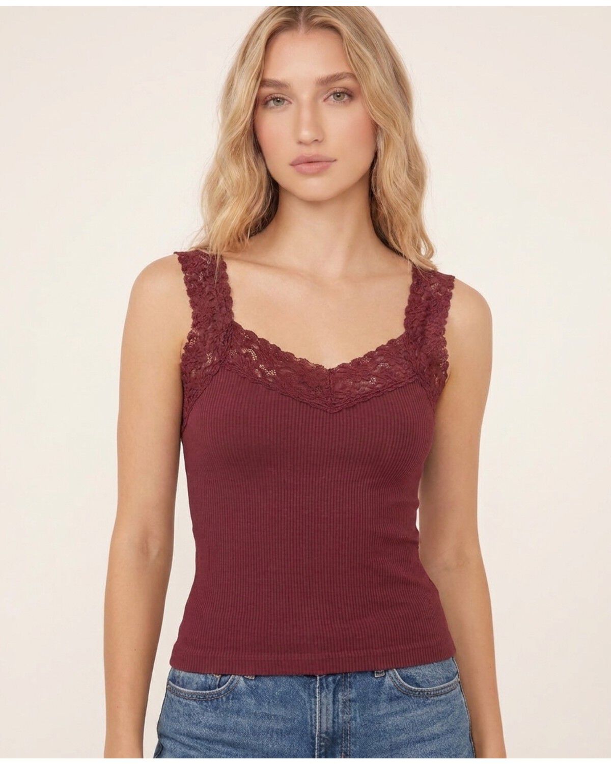 By Together Women's Lace Trim Ribbed Tank, Wine, hi-res