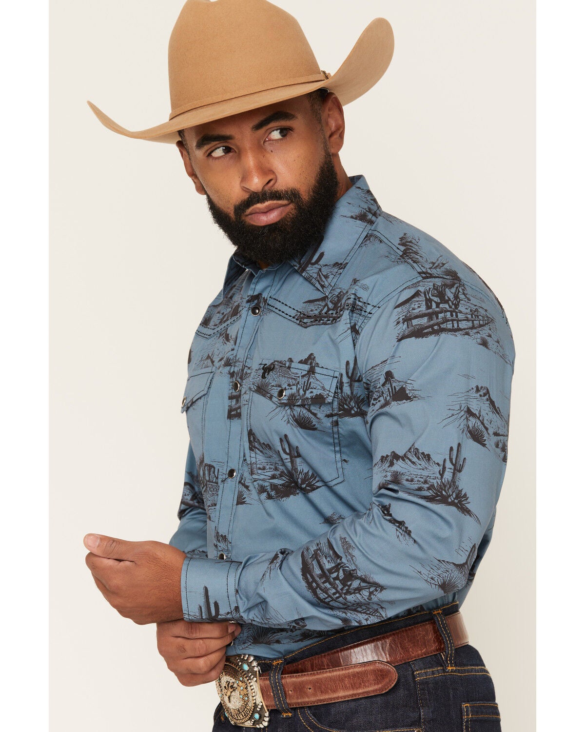 Image #2 - Cowboy Hardware Men's Western Scenery Print Long Sleeve Snap Stretch Western Shirt, Indigo, hi-res