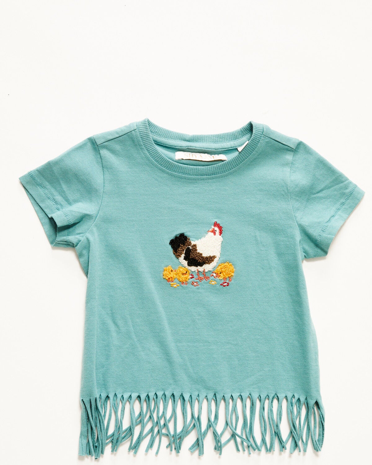 Shyanne Toddler Girls' Chicken Embroidered Fringe Short Sleeve Tee, Aqua, hi-res