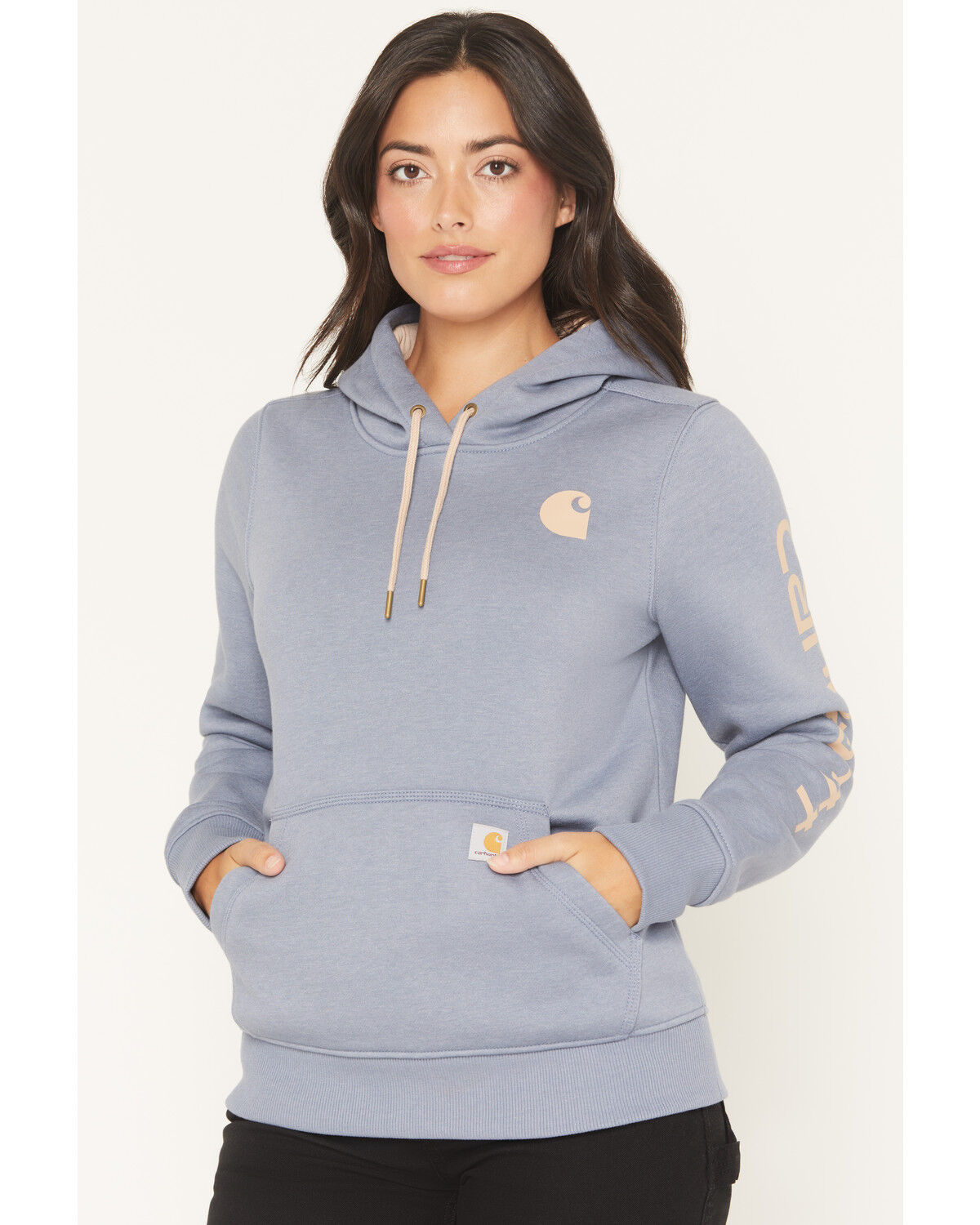 Carhartt Women's Relaxed Fit Midweight Logo Sleeve Graphic Hoodie, Navy, hi-res