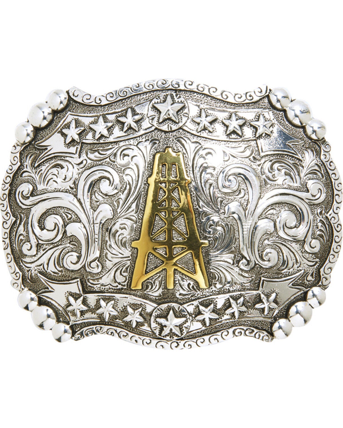 AndWest Men's Oil Derrick & Stars Belt Buckle, Two Tone, hi-res