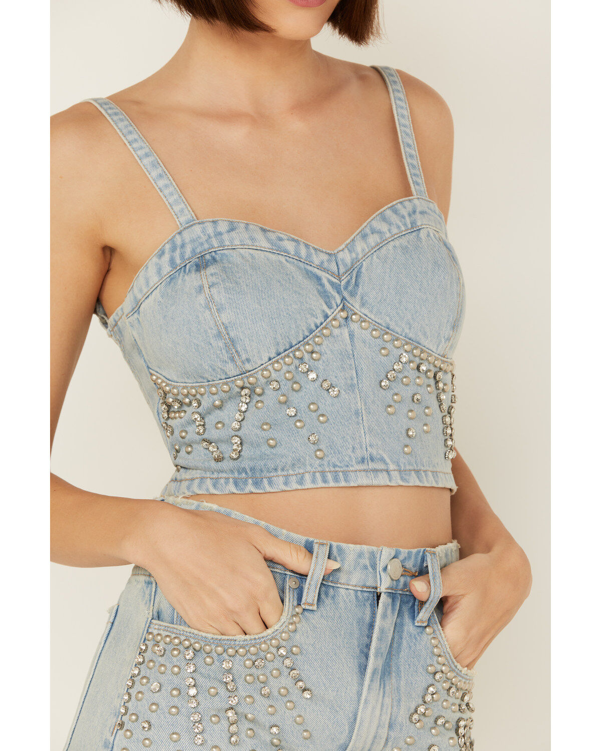 Image #4 - Blank NYC Women's Light Wash Starstruck Embellished Denim Crop Top, Blue, hi-res