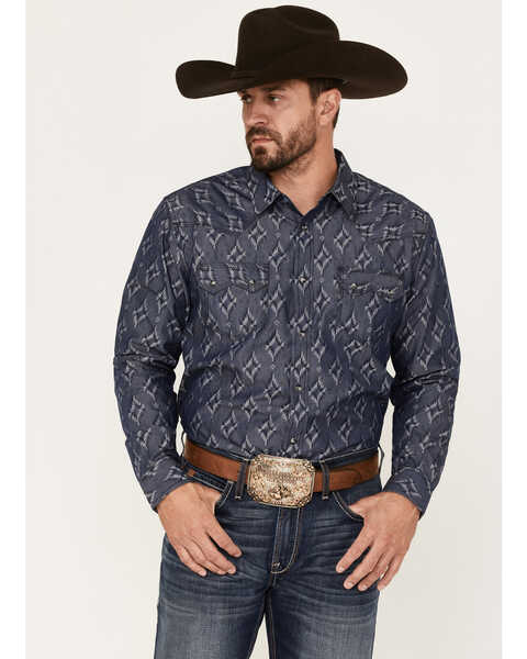 Image #1 - Moonshine Spirit Men's Mocasin Southwestern Print Long Sleeve Snap Western Shirt, Navy, hi-res