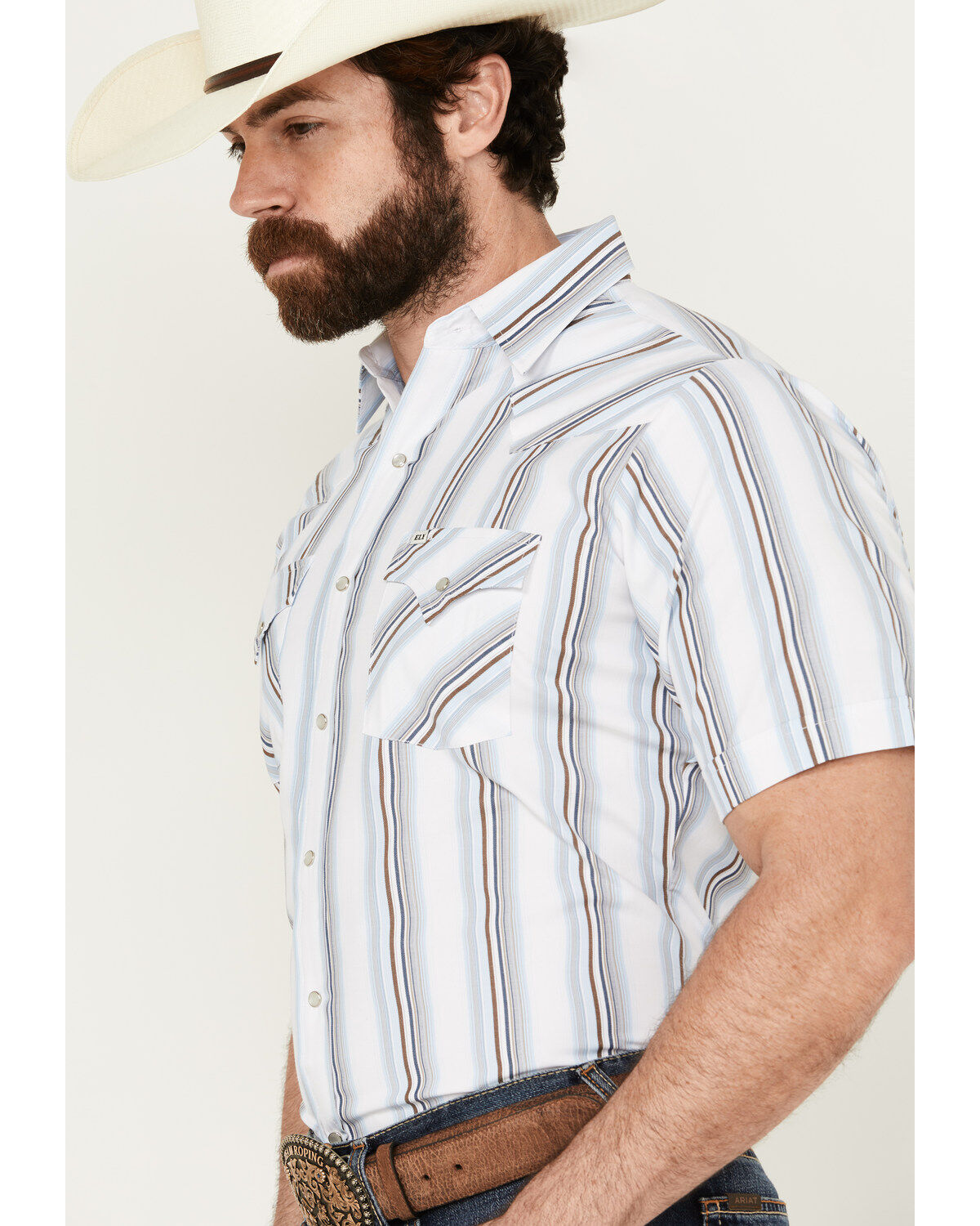 Image #2 - Ely Walker Men's Striped Print Short Sleeve Snap Western Shirt, Light Blue, hi-res
