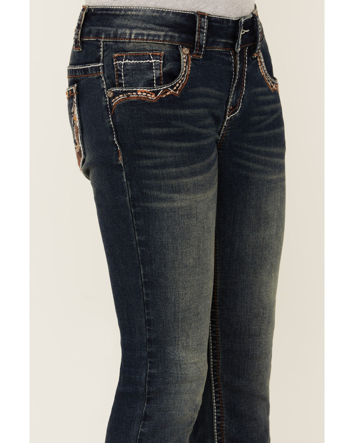 Image #4 - Shyanne Girls' Medium Wash Cowhide Pocket Bootcut Stretch Denim Jeans, Medium Wash, hi-res
