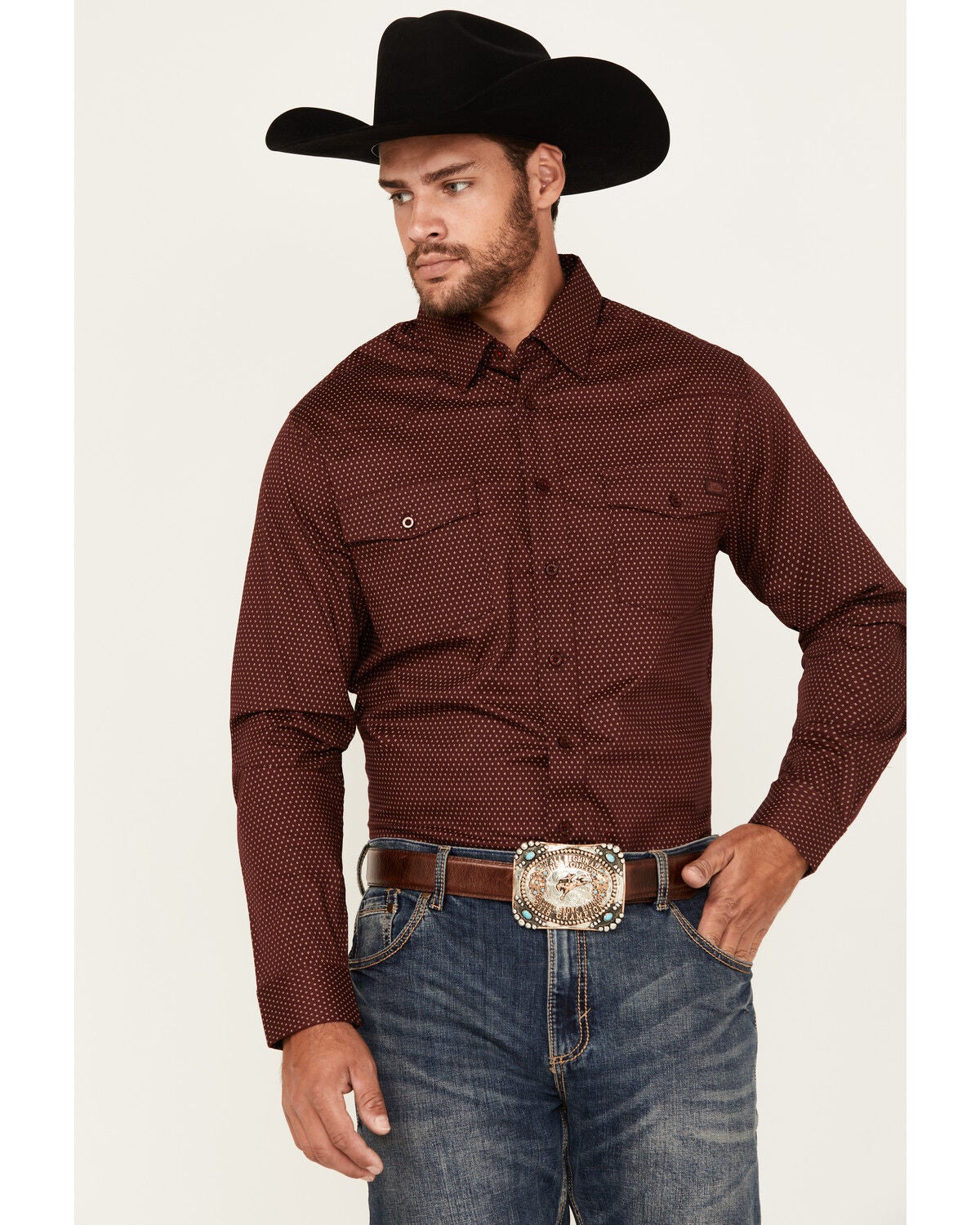 Justin Men's Boot Barn Exclusive Geo Print Long Sleeve Button-Down Stretch Western Shirt, Wine, hi-res